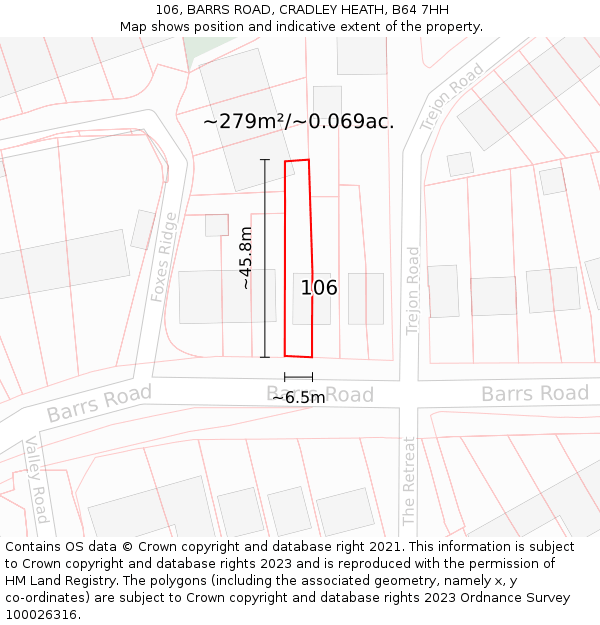 106, BARRS ROAD, CRADLEY HEATH, B64 7HH: Plot and title map