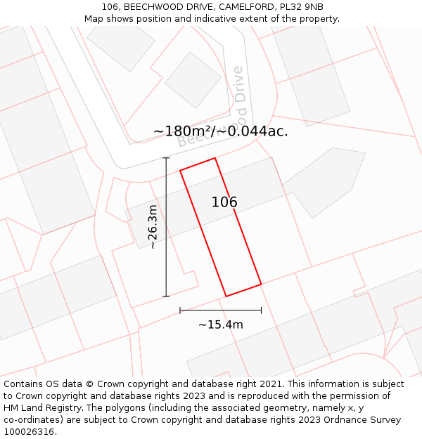 106, BEECHWOOD DRIVE, CAMELFORD, PL32 9NB: Plot and title map