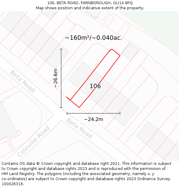 106, BETA ROAD, FARNBOROUGH, GU14 8PQ: Plot and title map