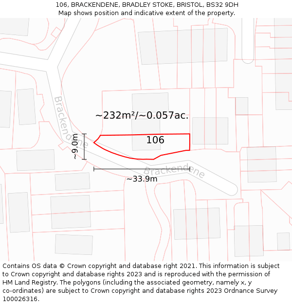 106, BRACKENDENE, BRADLEY STOKE, BRISTOL, BS32 9DH: Plot and title map