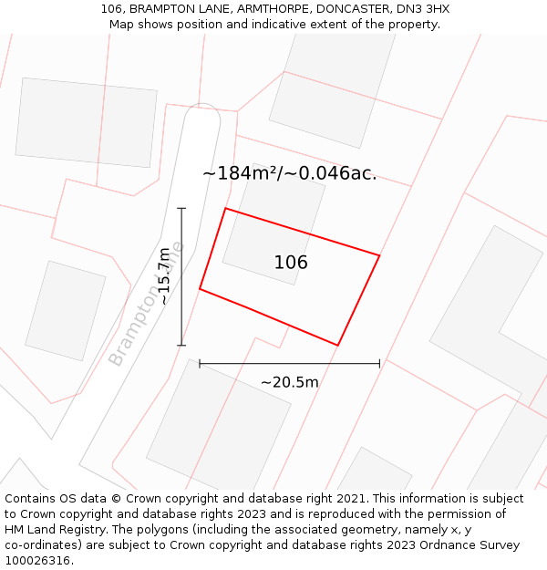 106, BRAMPTON LANE, ARMTHORPE, DONCASTER, DN3 3HX: Plot and title map