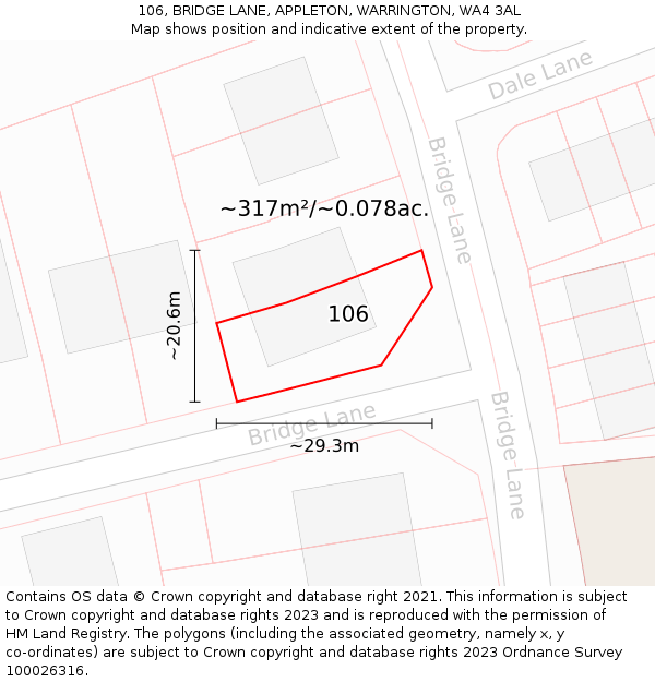 106, BRIDGE LANE, APPLETON, WARRINGTON, WA4 3AL: Plot and title map