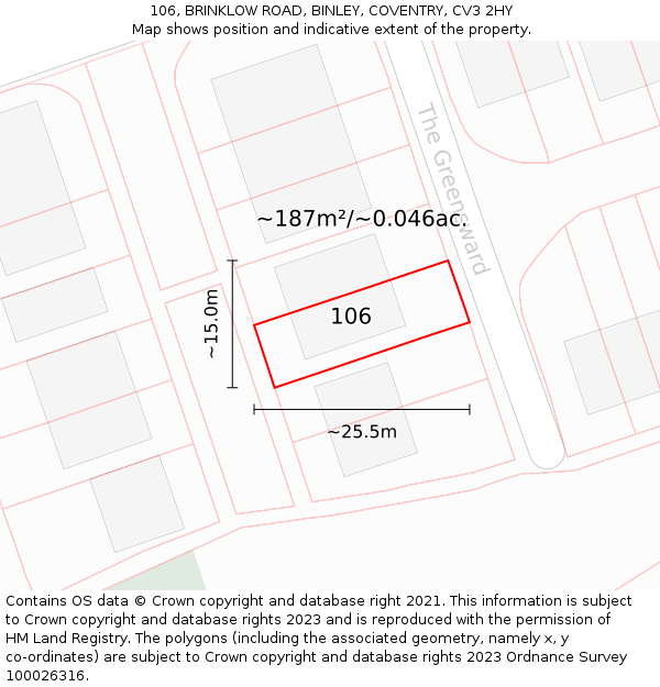 106, BRINKLOW ROAD, BINLEY, COVENTRY, CV3 2HY: Plot and title map