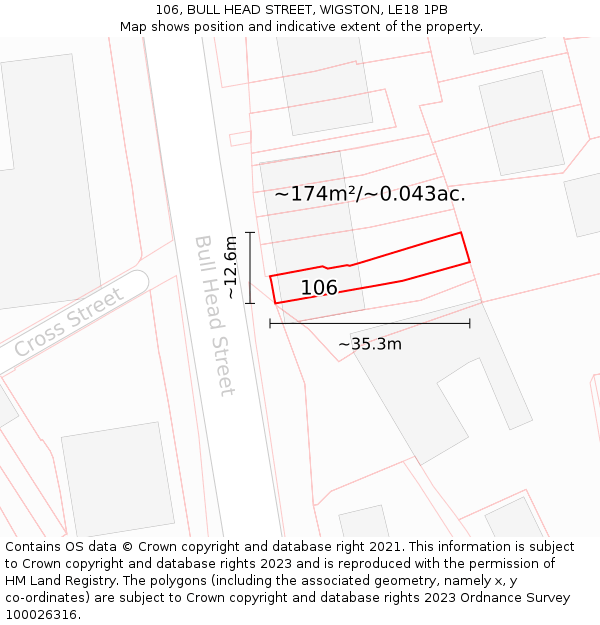 106, BULL HEAD STREET, WIGSTON, LE18 1PB: Plot and title map
