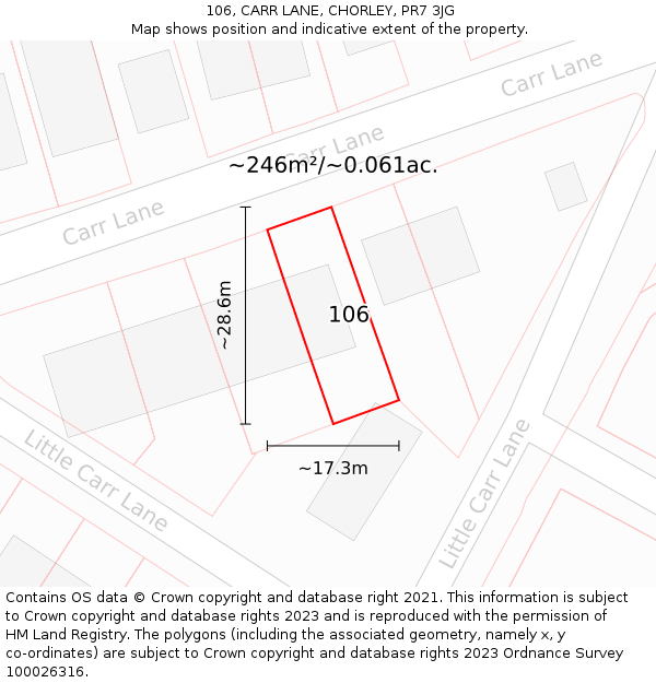 106, CARR LANE, CHORLEY, PR7 3JG: Plot and title map