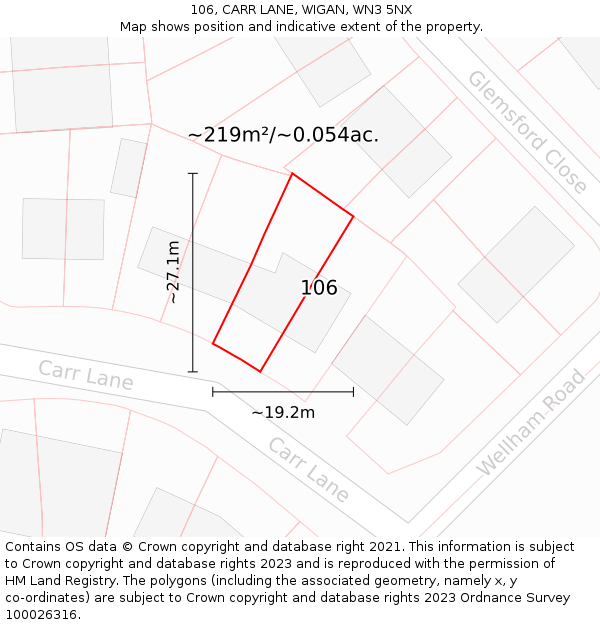106, CARR LANE, WIGAN, WN3 5NX: Plot and title map