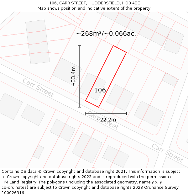 106, CARR STREET, HUDDERSFIELD, HD3 4BE: Plot and title map