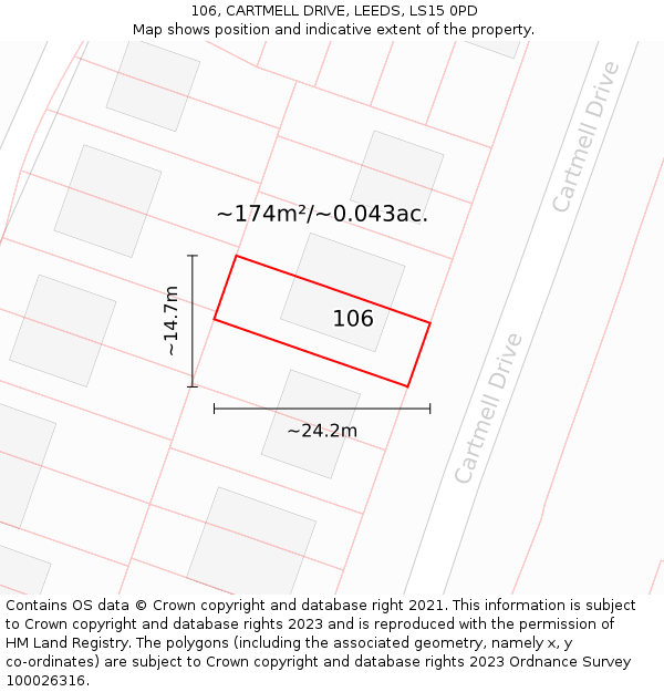 106, CARTMELL DRIVE, LEEDS, LS15 0PD: Plot and title map