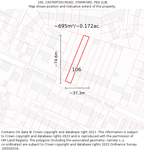 106, CASTERTON ROAD, STAMFORD, PE9 2UB: Plot and title map