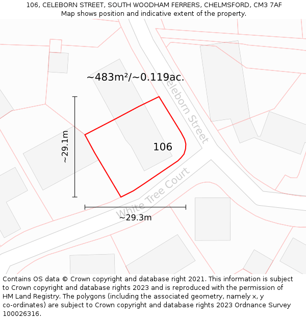 106, CELEBORN STREET, SOUTH WOODHAM FERRERS, CHELMSFORD, CM3 7AF: Plot and title map
