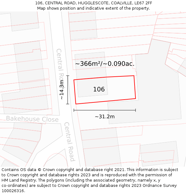 106, CENTRAL ROAD, HUGGLESCOTE, COALVILLE, LE67 2FF: Plot and title map