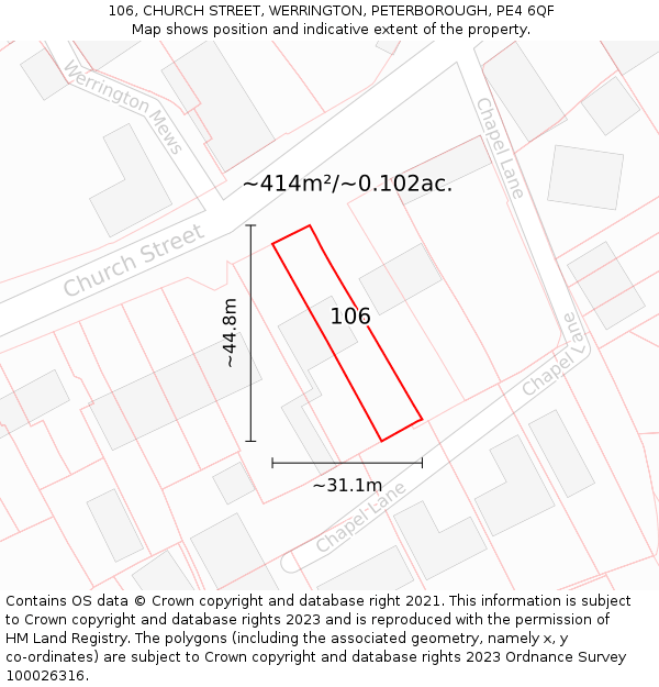 106, CHURCH STREET, WERRINGTON, PETERBOROUGH, PE4 6QF: Plot and title map
