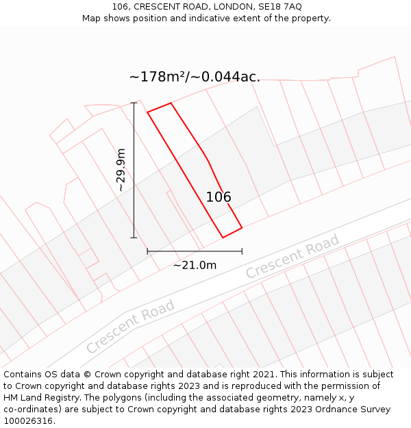 106, CRESCENT ROAD, LONDON, SE18 7AQ: Plot and title map