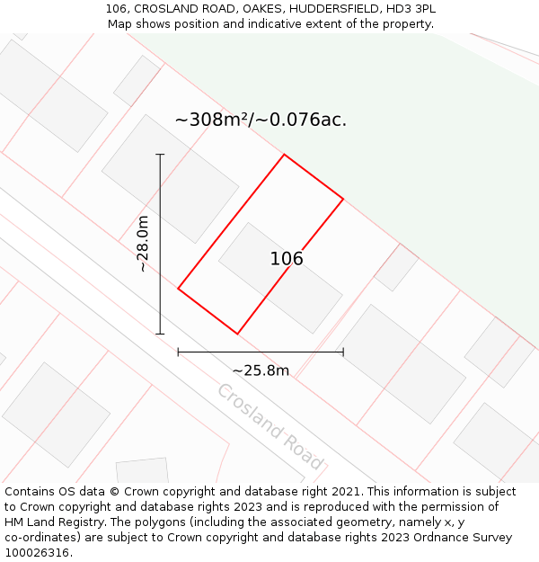 106, CROSLAND ROAD, OAKES, HUDDERSFIELD, HD3 3PL: Plot and title map
