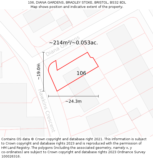 106, DIANA GARDENS, BRADLEY STOKE, BRISTOL, BS32 8DL: Plot and title map