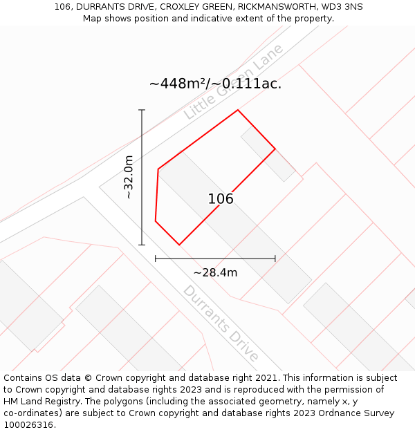 106, DURRANTS DRIVE, CROXLEY GREEN, RICKMANSWORTH, WD3 3NS: Plot and title map