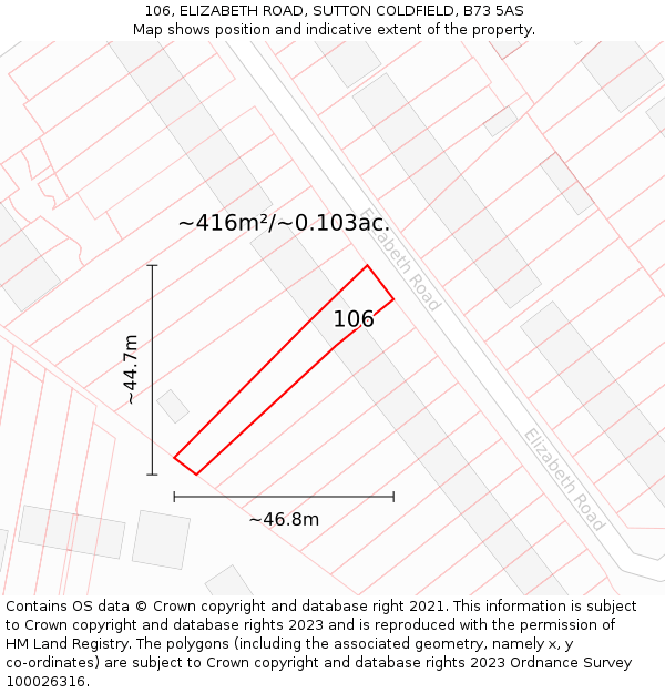 106, ELIZABETH ROAD, SUTTON COLDFIELD, B73 5AS: Plot and title map