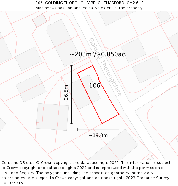 106, GOLDING THOROUGHFARE, CHELMSFORD, CM2 6UF: Plot and title map