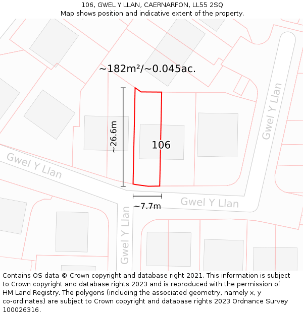106, GWEL Y LLAN, CAERNARFON, LL55 2SQ: Plot and title map