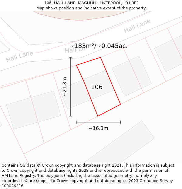 106, HALL LANE, MAGHULL, LIVERPOOL, L31 3EF: Plot and title map