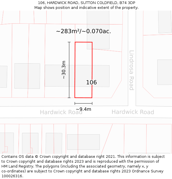 106, HARDWICK ROAD, SUTTON COLDFIELD, B74 3DP: Plot and title map