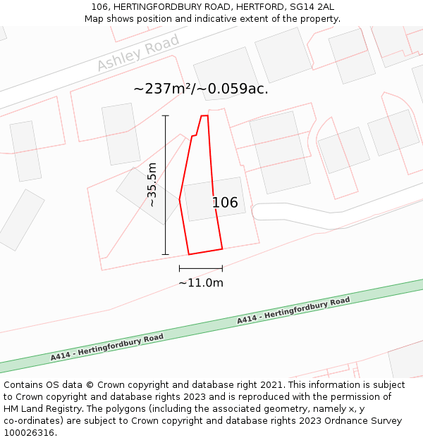 106, HERTINGFORDBURY ROAD, HERTFORD, SG14 2AL: Plot and title map