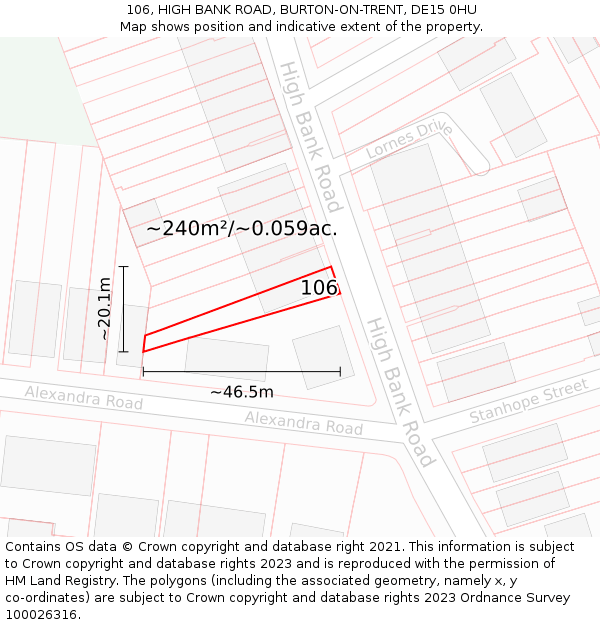 106, HIGH BANK ROAD, BURTON-ON-TRENT, DE15 0HU: Plot and title map