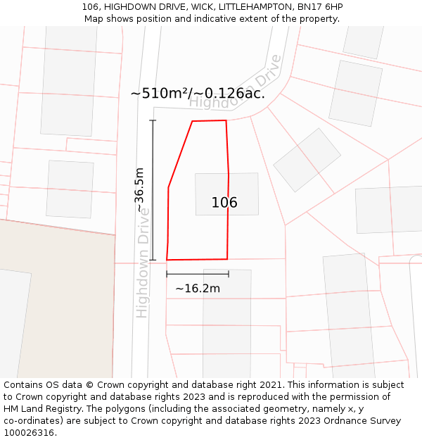 106, HIGHDOWN DRIVE, WICK, LITTLEHAMPTON, BN17 6HP: Plot and title map