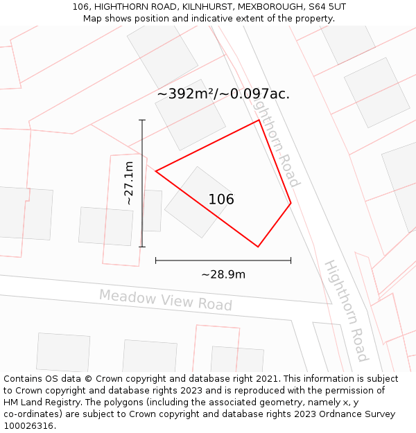 106, HIGHTHORN ROAD, KILNHURST, MEXBOROUGH, S64 5UT: Plot and title map