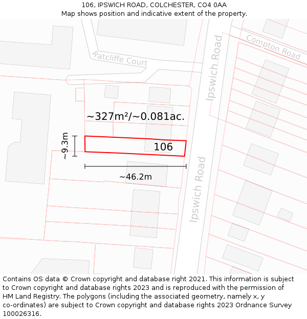 106, IPSWICH ROAD, COLCHESTER, CO4 0AA: Plot and title map