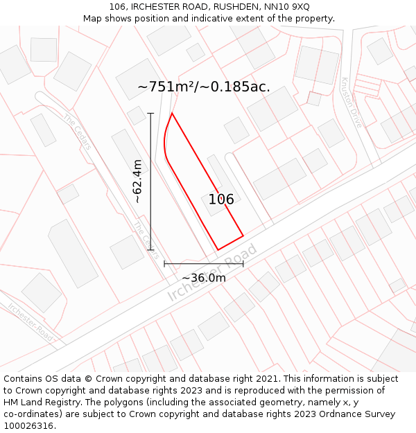 106, IRCHESTER ROAD, RUSHDEN, NN10 9XQ: Plot and title map
