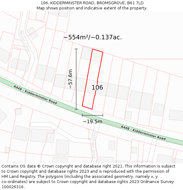 106, KIDDERMINSTER ROAD, BROMSGROVE, B61 7LD: Plot and title map