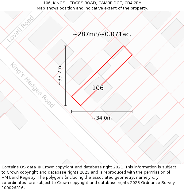 106, KINGS HEDGES ROAD, CAMBRIDGE, CB4 2PA: Plot and title map