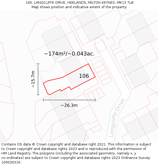 106, LANGCLIFFE DRIVE, HEELANDS, MILTON KEYNES, MK13 7LB: Plot and title map