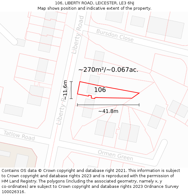 106, LIBERTY ROAD, LEICESTER, LE3 6NJ: Plot and title map