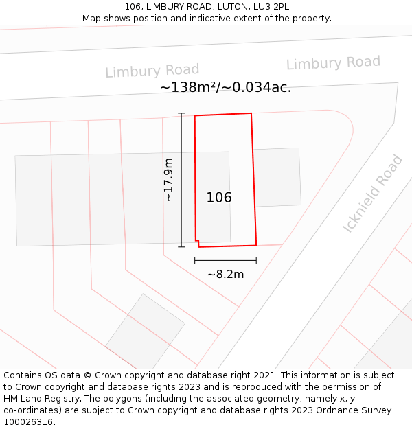 106, LIMBURY ROAD, LUTON, LU3 2PL: Plot and title map