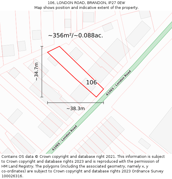 106, LONDON ROAD, BRANDON, IP27 0EW: Plot and title map