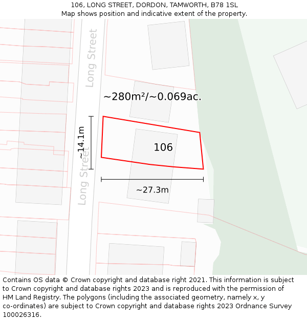 106, LONG STREET, DORDON, TAMWORTH, B78 1SL: Plot and title map