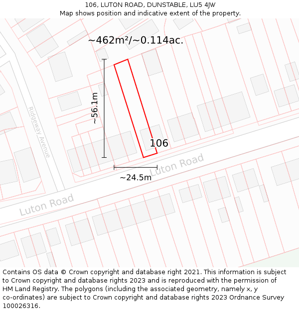 106, LUTON ROAD, DUNSTABLE, LU5 4JW: Plot and title map