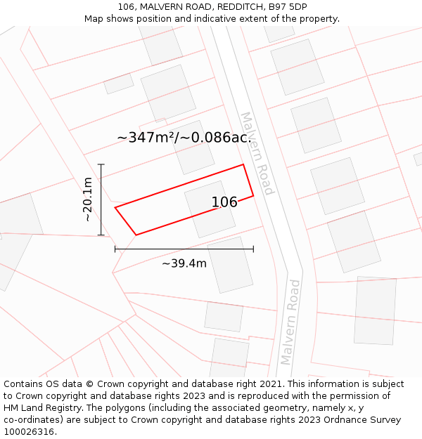 106, MALVERN ROAD, REDDITCH, B97 5DP: Plot and title map