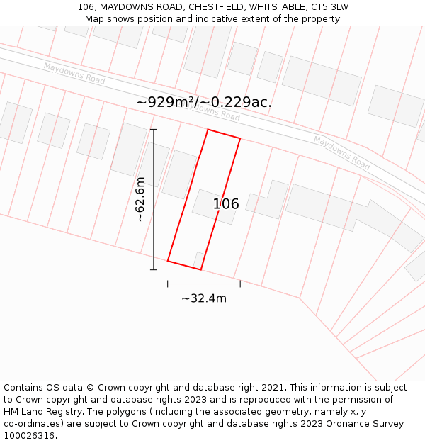 106, MAYDOWNS ROAD, CHESTFIELD, WHITSTABLE, CT5 3LW: Plot and title map