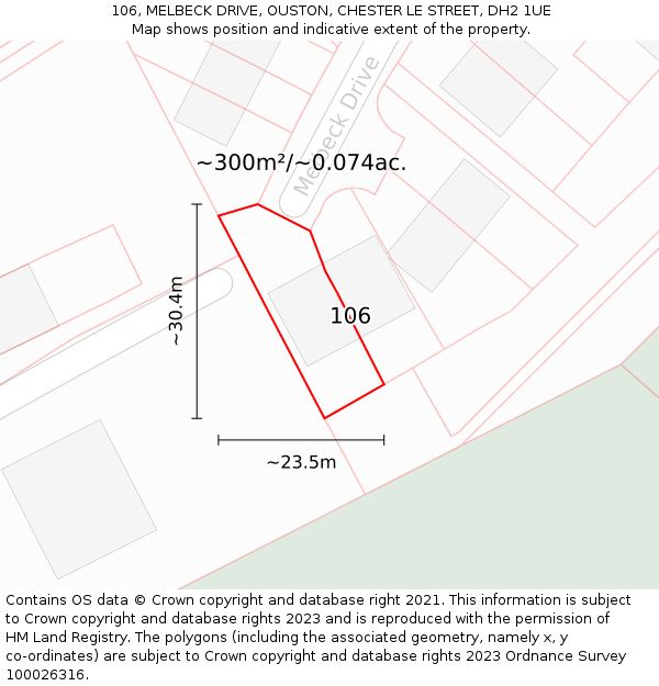 106, MELBECK DRIVE, OUSTON, CHESTER LE STREET, DH2 1UE: Plot and title map