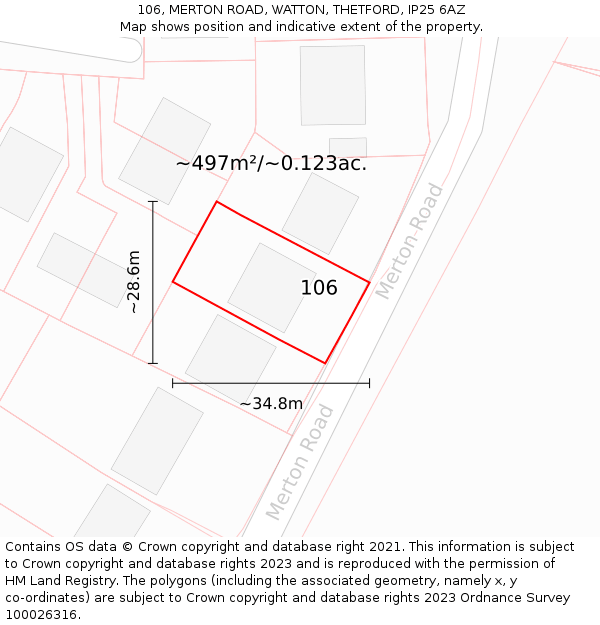 106, MERTON ROAD, WATTON, THETFORD, IP25 6AZ: Plot and title map