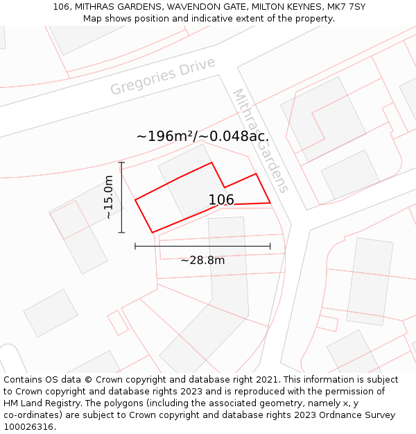106, MITHRAS GARDENS, WAVENDON GATE, MILTON KEYNES, MK7 7SY: Plot and title map