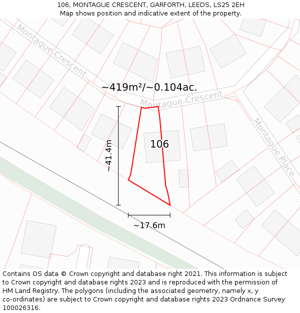 106, MONTAGUE CRESCENT, GARFORTH, LEEDS, LS25 2EH: Plot and title map