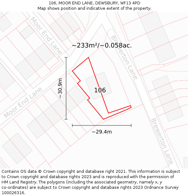 106, MOOR END LANE, DEWSBURY, WF13 4PD: Plot and title map