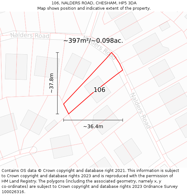 106, NALDERS ROAD, CHESHAM, HP5 3DA: Plot and title map