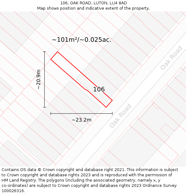 106, OAK ROAD, LUTON, LU4 8AD: Plot and title map