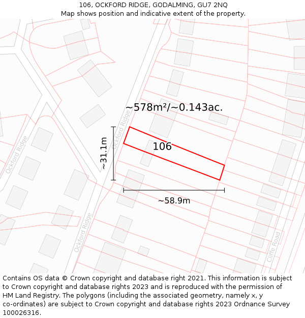 106, OCKFORD RIDGE, GODALMING, GU7 2NQ: Plot and title map