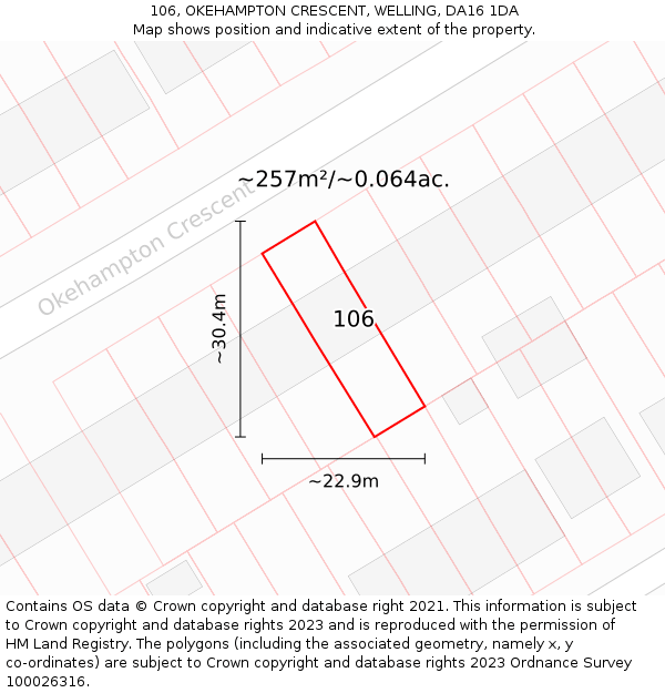 106, OKEHAMPTON CRESCENT, WELLING, DA16 1DA: Plot and title map